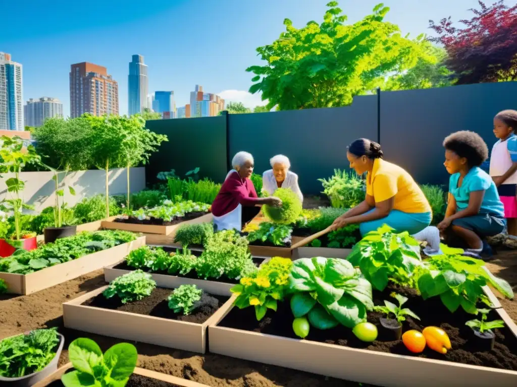 Proyectos comunitarios de activismo ecológico: Diversos miembros cuidan un jardín urbano, simbolizando la armonía entre vida urbana y naturaleza