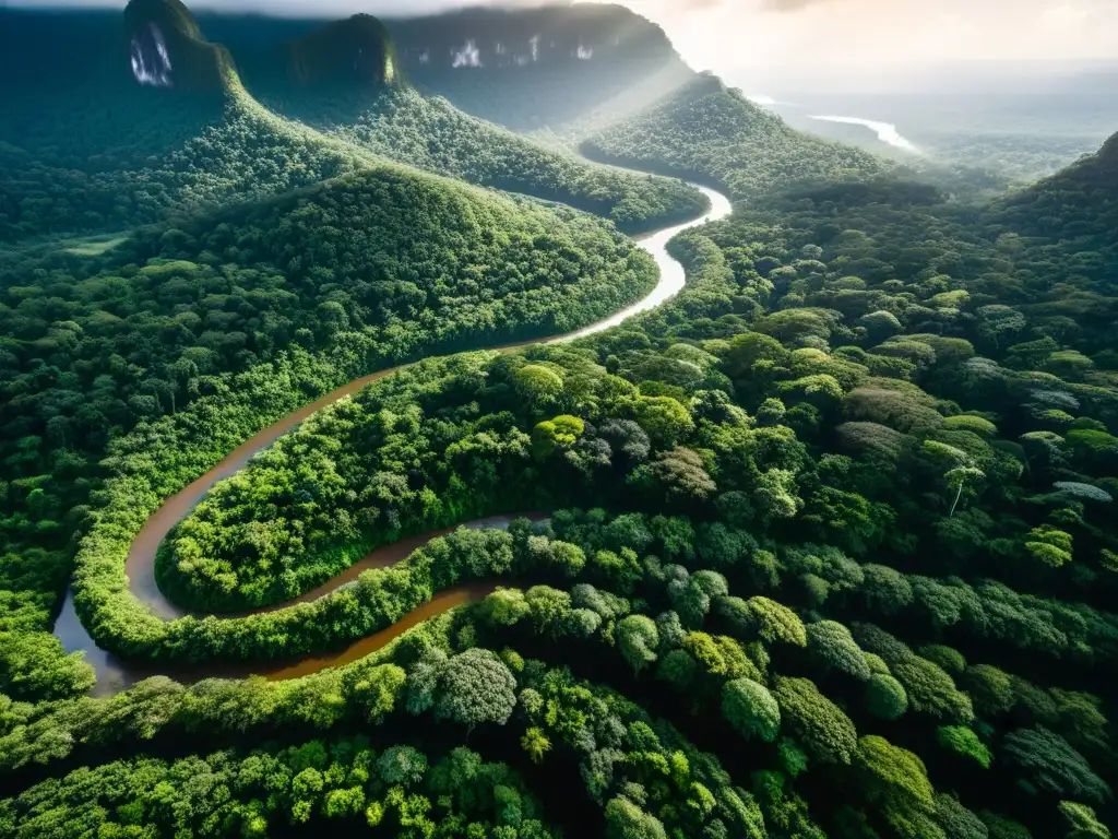 Proyectos de conservación de ecosistemas: Vista aérea de exuberante selva tropical con río serpenteante, vida silvestre y diversa vegetación