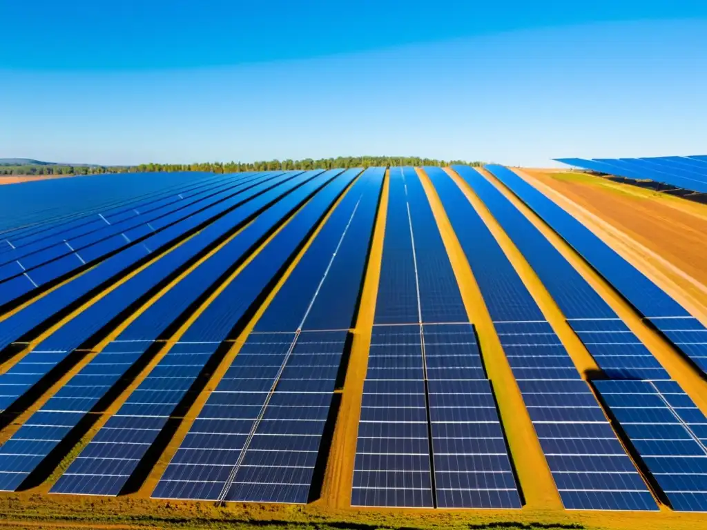 Invertir en proyectos de energía renovable: Una granja solar extensa con ingenieros inspeccionando paneles bajo el cielo azul