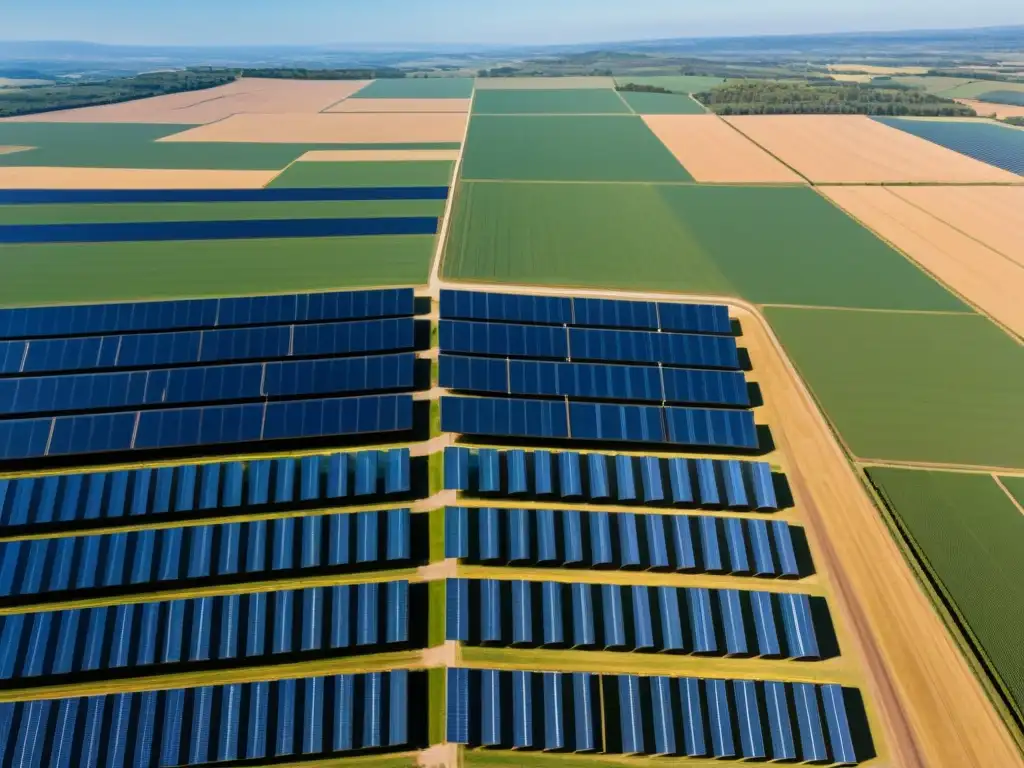 Invertir en proyectos de energía renovable: Imponente granja solar con paneles relucientes bajo un cielo azul, transmitiendo progreso y sostenibilidad