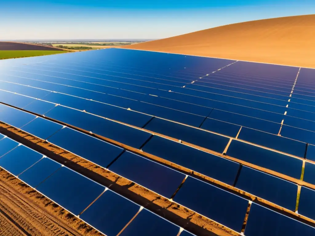 Invertir en proyectos de energía renovable: vista panorámica de un campo de paneles solares brillando bajo el cielo azul