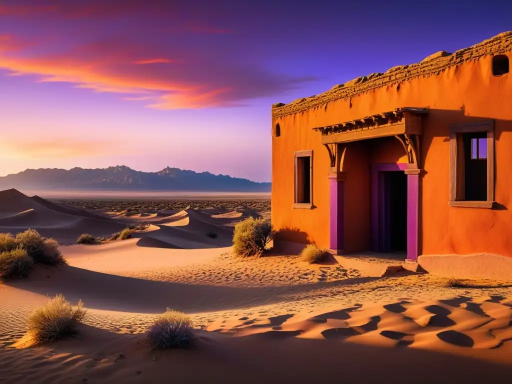 Un pueblo abandonado en un desierto, con edificios de adobe en ruinas, dunas invadiendo las calles y un atardecer hermosamente inquietante