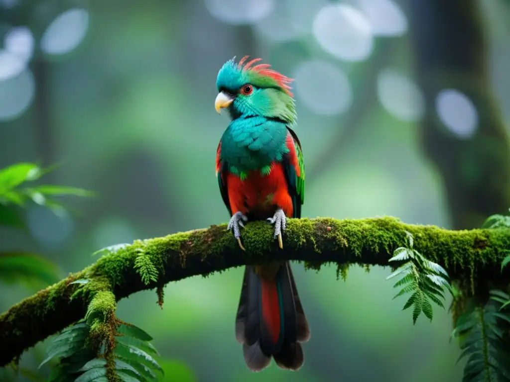 Un quetzal resplandeciente posado en una rama cubierta de musgo en el místico y exuberante bosque nuboso