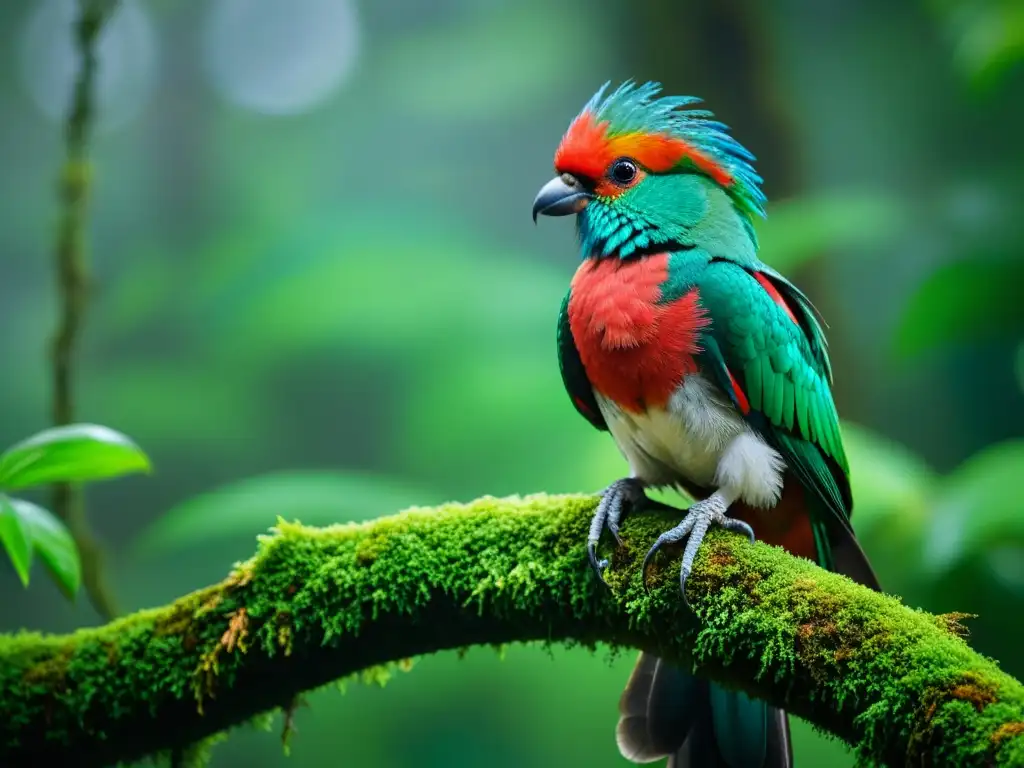 Un quetzal resplandeciente posado en una rama cubierta de musgo en el misterioso bosque nuboso