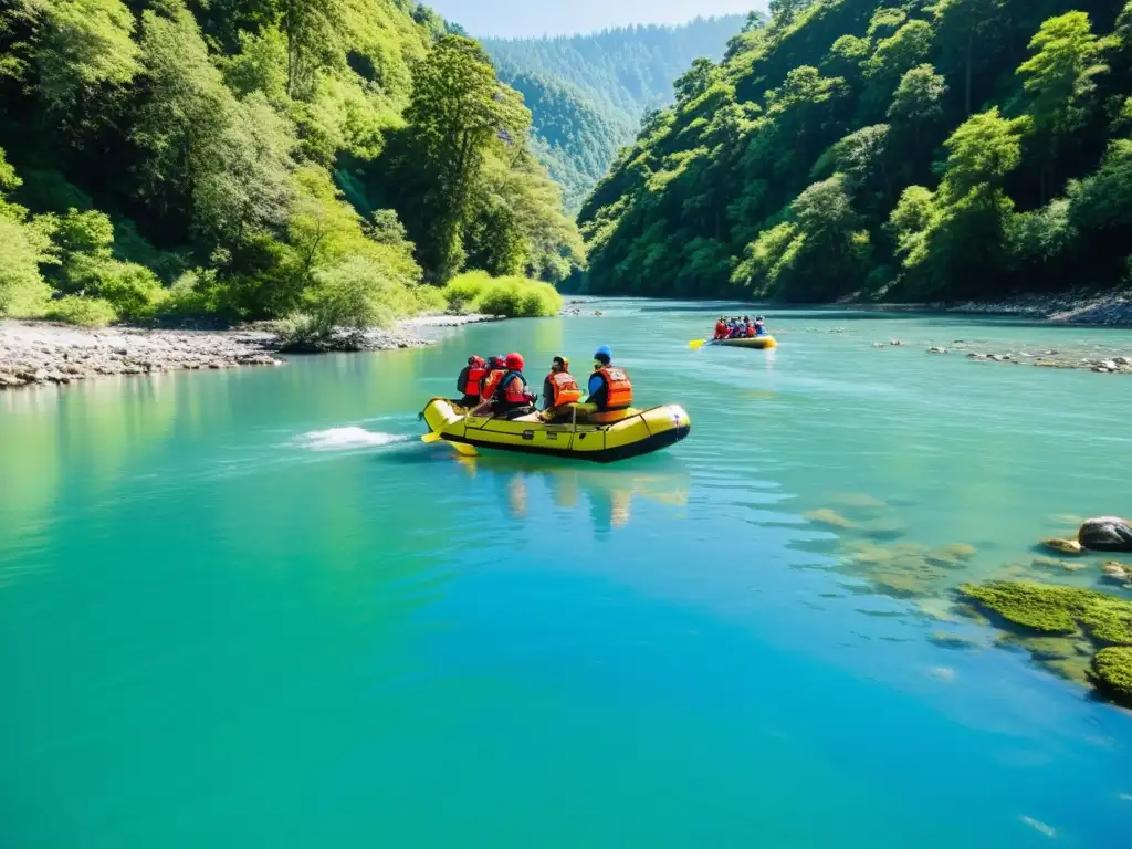 Rafting responsable en ecosistemas naturales: Aventureros navegan en balsas coloridas por un río cristalino, rodeados de exuberante naturaleza