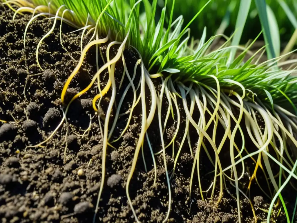 Raíces de pasto y vida en la pradera Raíces de pasto en pradera, con hongos micorrícicos y vida en el suelo