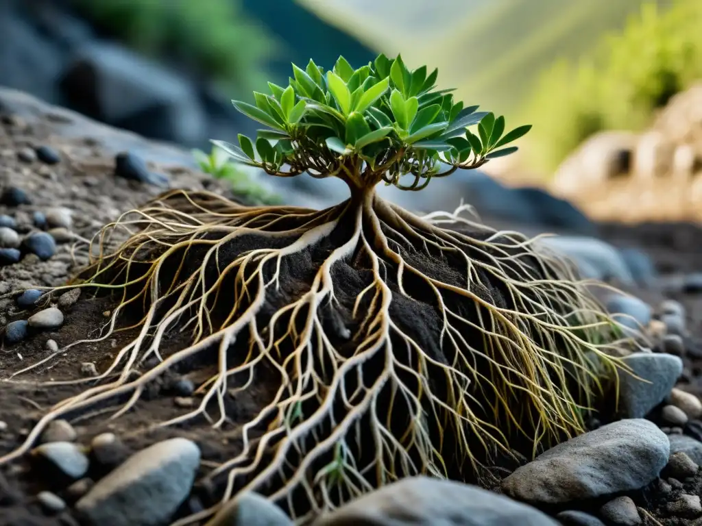 Raíces de planta adaptada a montaña extrayendo nutrientes en suelo rocoso