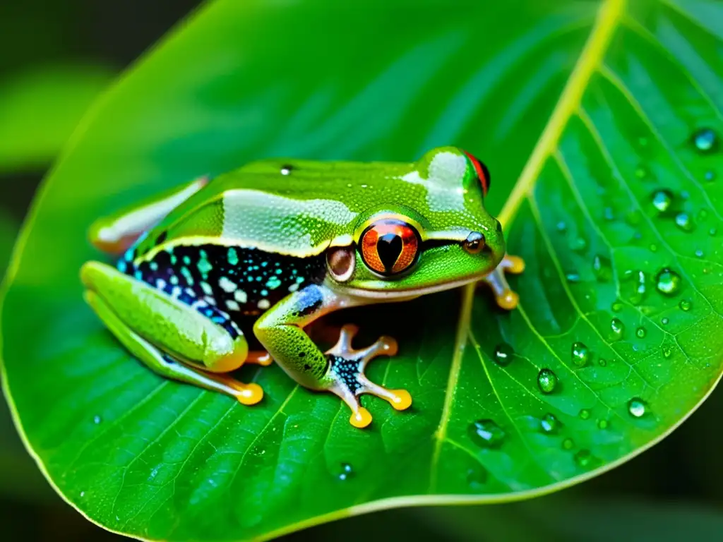 Rana de árbol verde vibrante en hoja, reflejando biodiversidad de los Parques Nacionales de Costa Rica