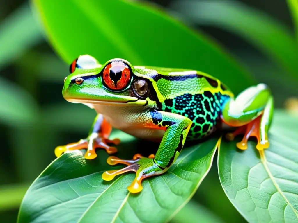 'Una rana de ojos rojos se aferra a una hoja en la selva, reflejando la fragilidad de su hábitat