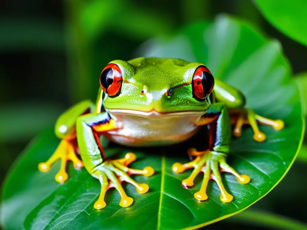 Una rana de ojos rojos en la selva tropical, destacando sus detalles anatómicos