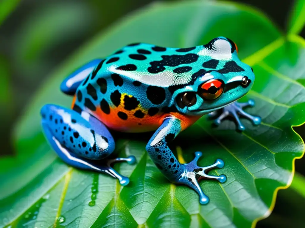 Una rana venenosa de colores vibrantes descansa en una hoja verde en un hábitat húmedo