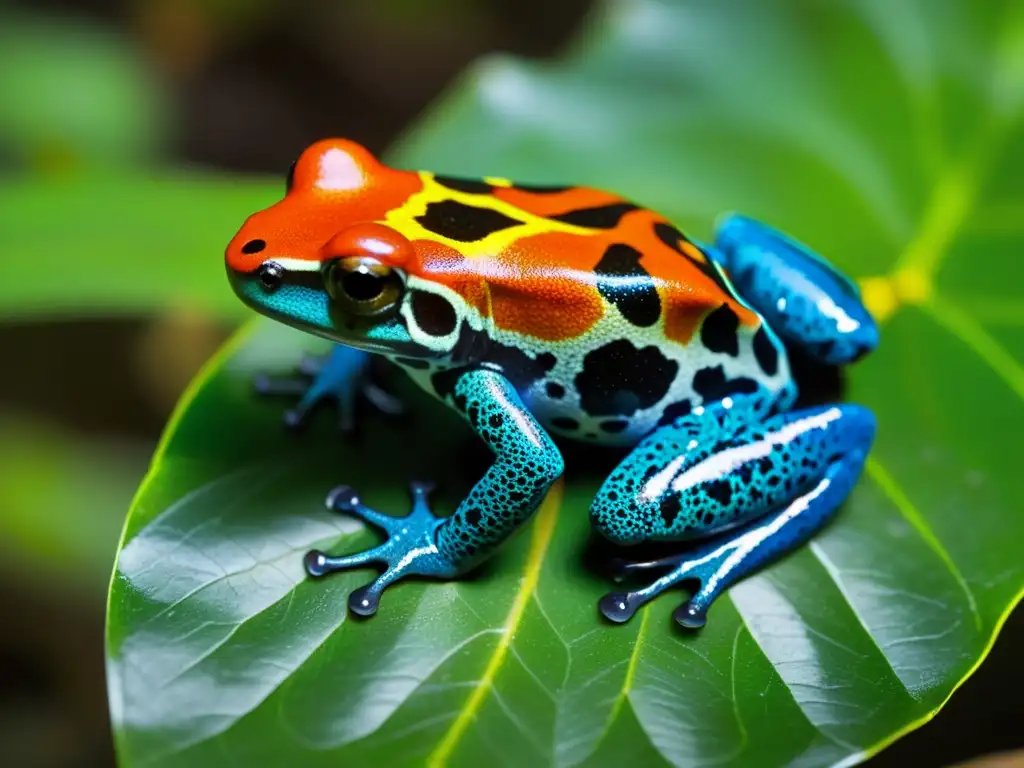 Una rana venenosa de colores vibrantes reposa en una hoja verde junto a un río amazónico