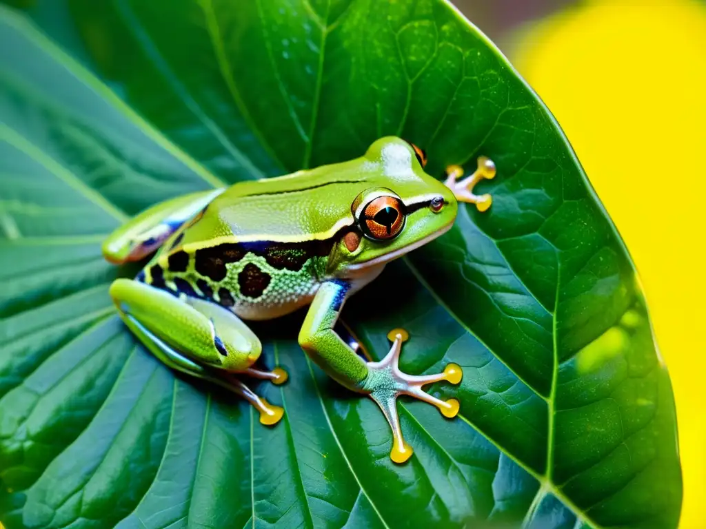 Rana verde en hoja de selva tropical, reflejando amenazas especies endémicas avance urbano