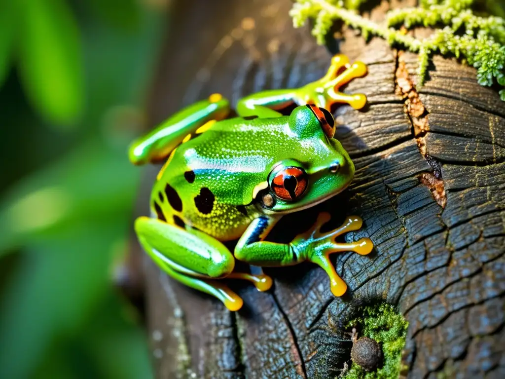 Una rana verde se camufla en la selva, mostrando estrategias de camuflaje en la selva con su piel vibrante y ojos brillantes