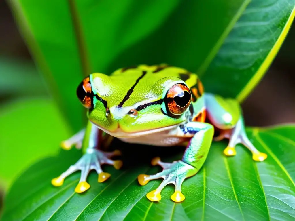 Una rana arborícola verde vibrante se aferra a una hoja en la exuberante selva tropical