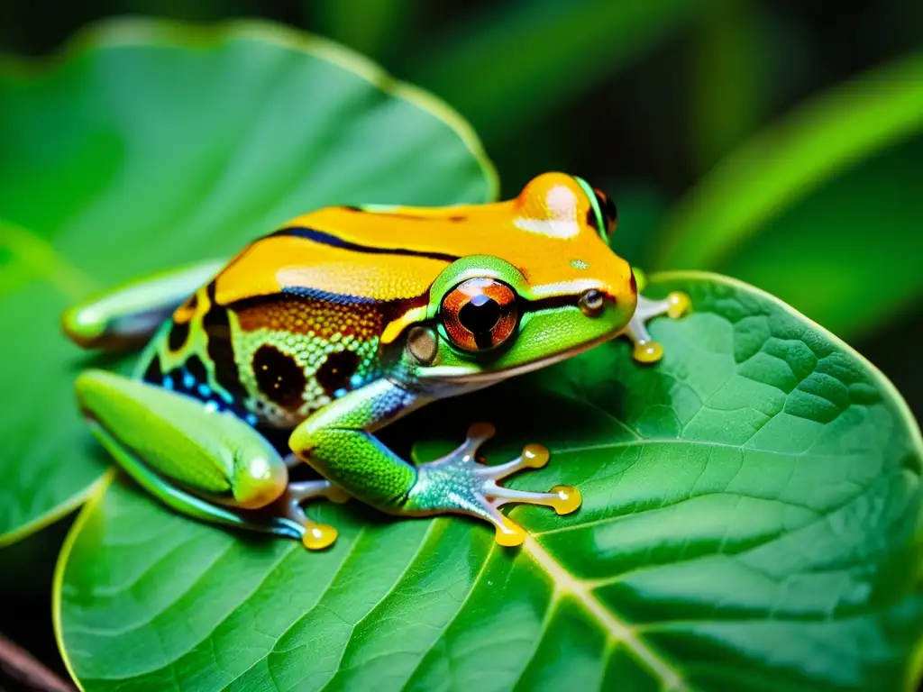 Una rana arborícola verde vibrante se aferra a una hoja en la exuberante selva tropical, mostrando adaptaciones especies sobreviven selva tropical