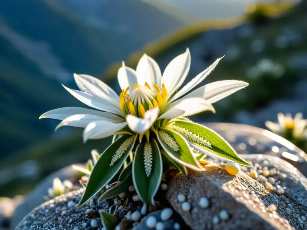 Una Edelweiss rara y delicada en la montaña, con gotas de rocío capturando la luz del amanecer