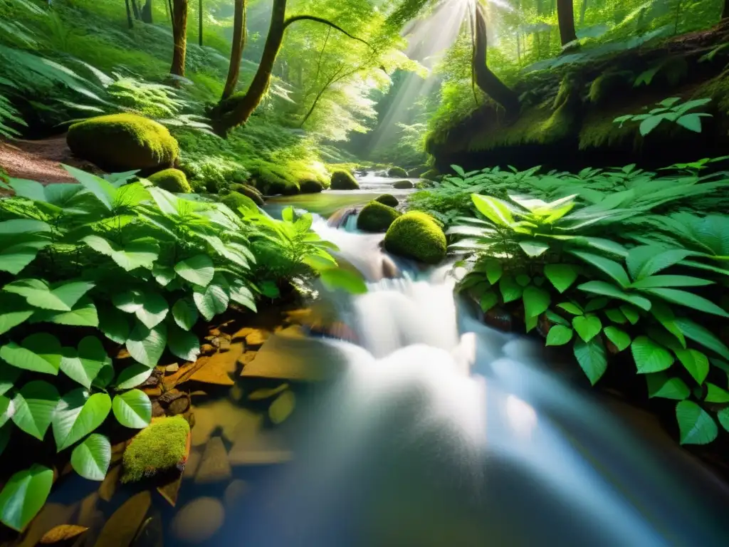 Rayos de sol iluminando un bosque majestuoso, reflejándose en un arroyo