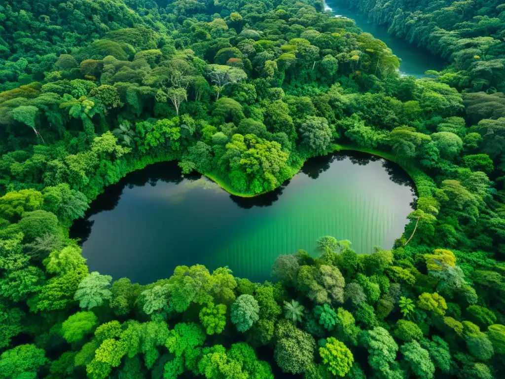 Realidad Virtual en Educación Ambiental: Vista aérea de exuberante selva con diversa flora, fauna y río serpenteante