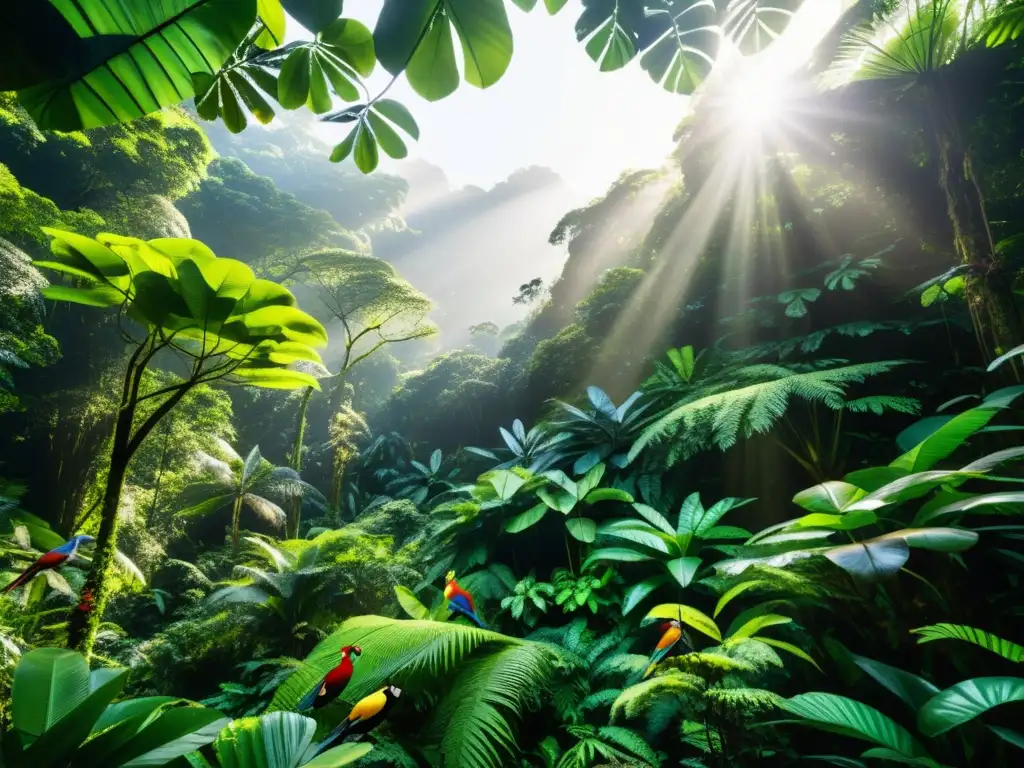 Realidad virtual y aumentada para restauración de ecosistemas: una exuberante selva tropical llena de vida y biodiversidad, con árboles majestuosos, aves coloridas y una variedad de plantas, bañada por la luz del sol