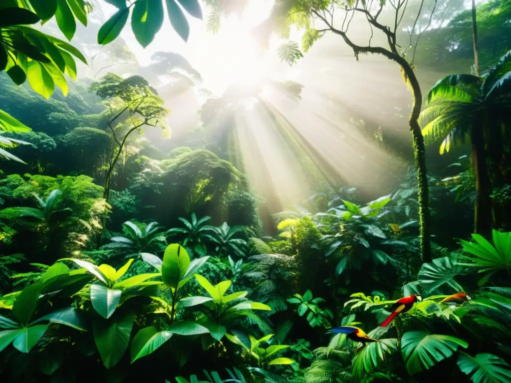 Realidad virtual ecosistemas amenazados: Imagen de selva tropical exuberante con diversa vida vegetal y animal, iluminada por el sol