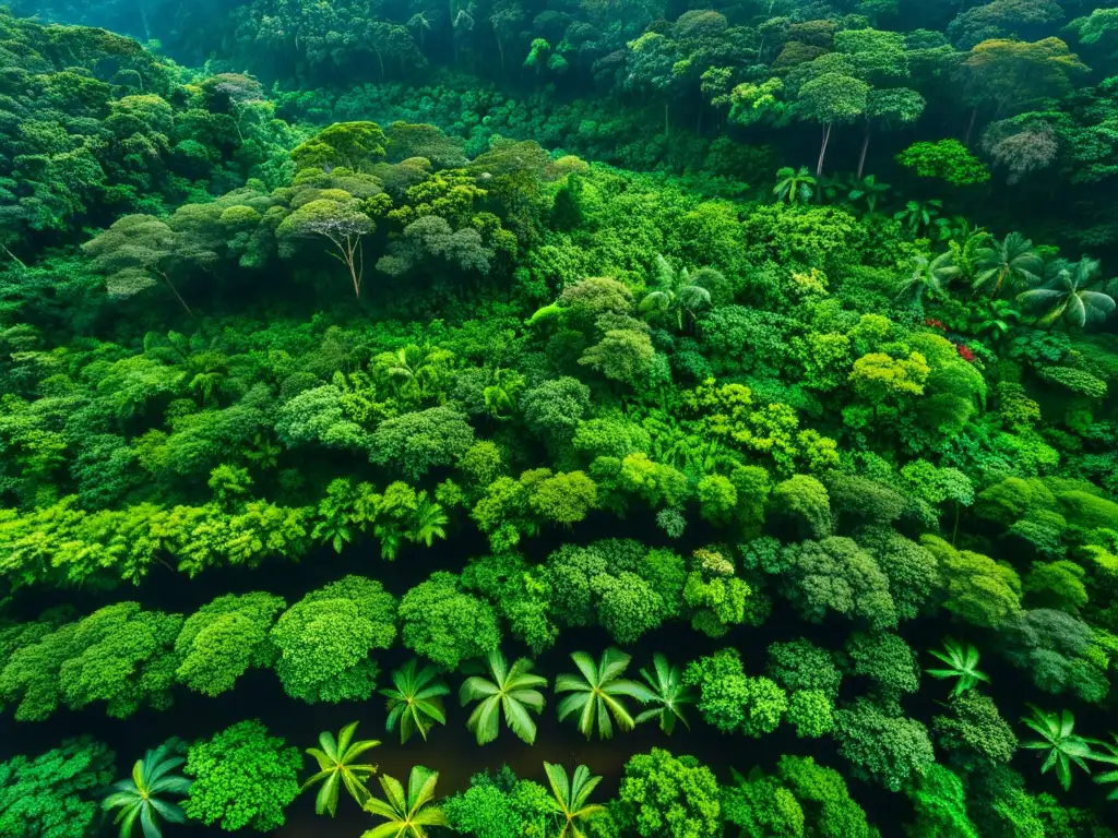 Realidad Virtual para explorar ecosistemas: Vista aérea de exuberante selva con biodiversidad, ríos y juego de luz entre el dosel