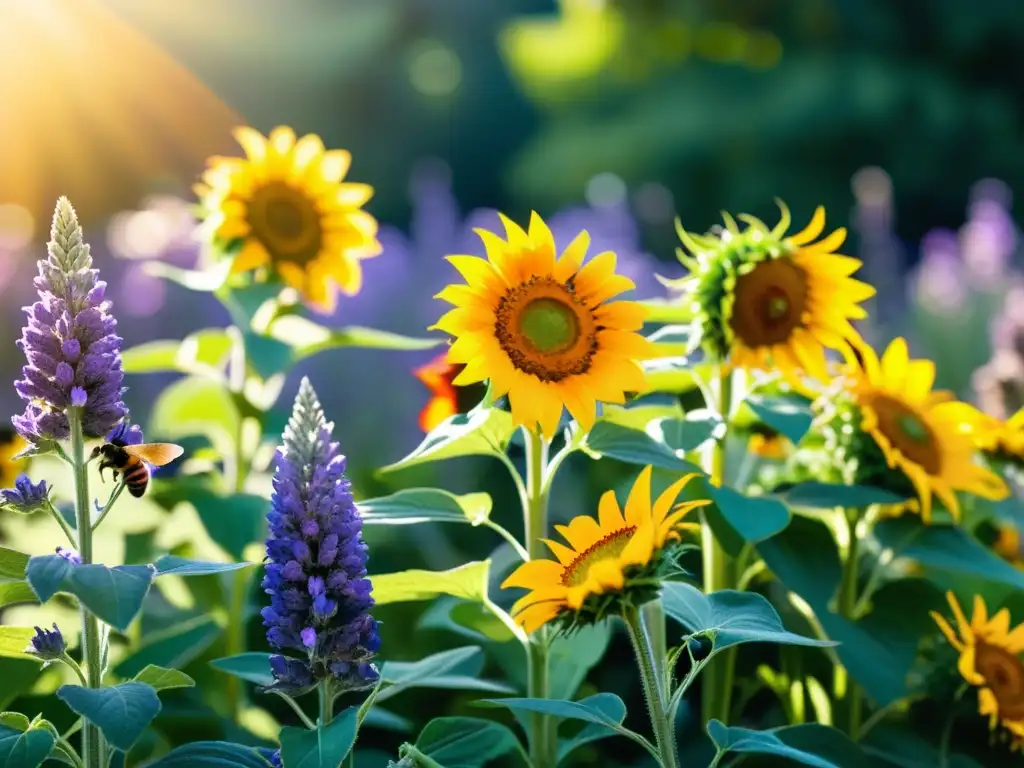 Un jardín rebosante de flores coloridas y abejas polinizadoras, bañado por la cálida luz del sol