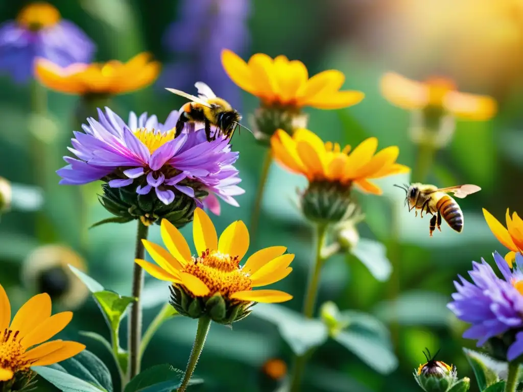 Un jardín rebosante de flores vibrantes, abejas y mariposas revoloteando