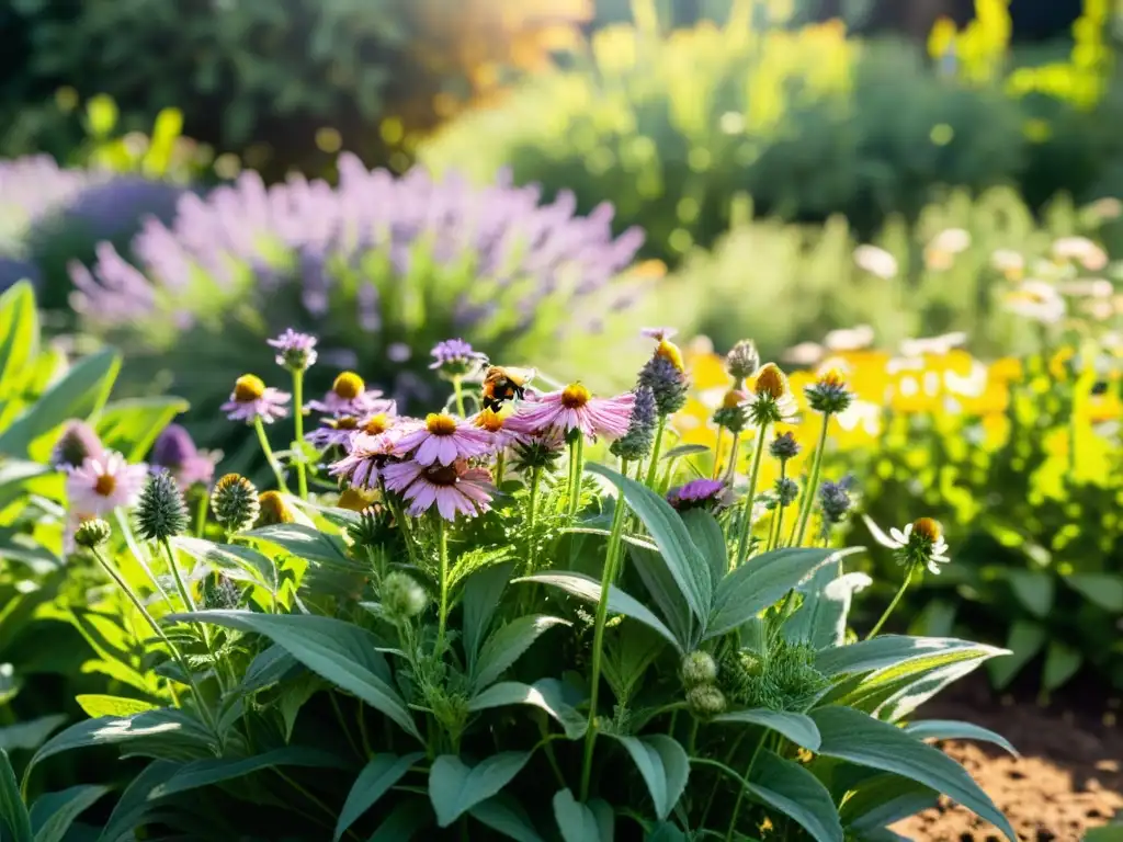 Jardín ecológico rebosante de plantas medicinales como lavanda, manzanilla y equinácea, con luz solar filtrándose entre las hojas