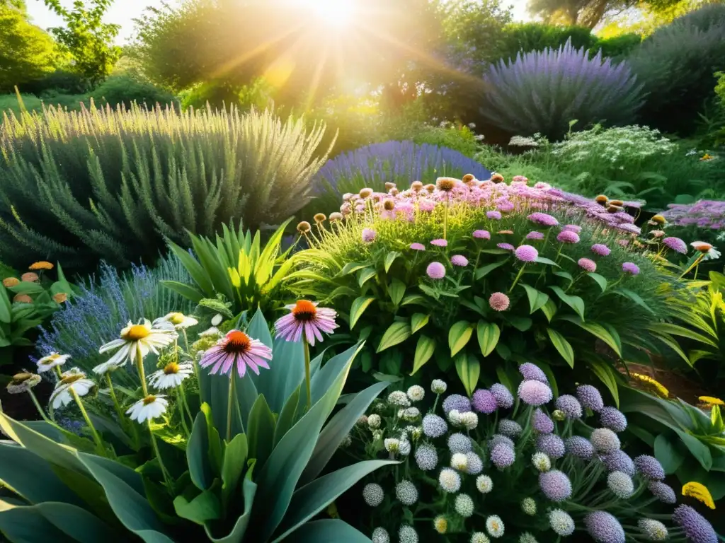 Jardín ecológico rebosante de plantas medicinales como lavanda, equinácea, manzanilla, sábila y menta