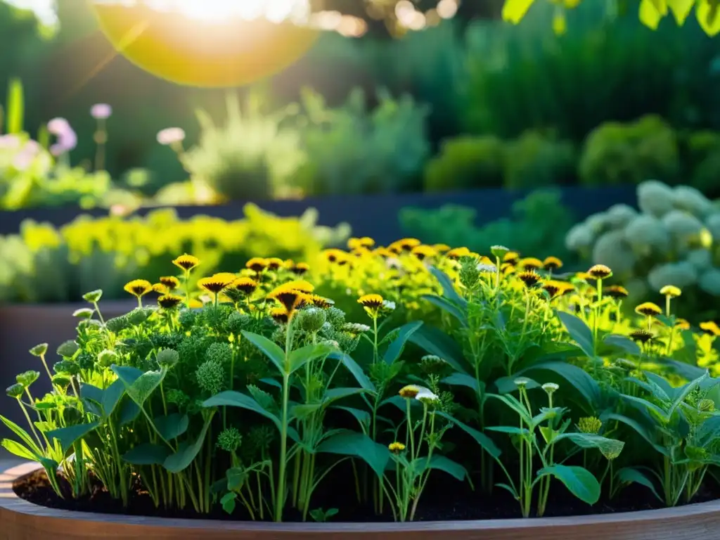 Jardín ecológico rebosante de plantas medicinales en plena floración, con luz solar creando sombras intrincadas en hojas y flores