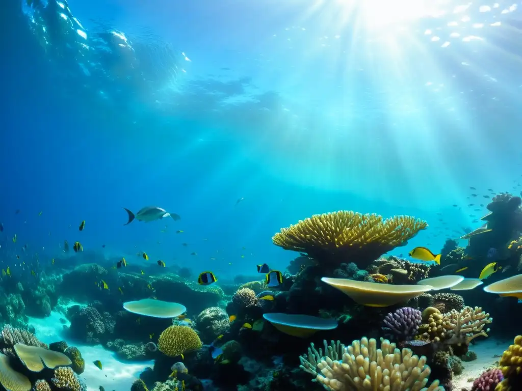 Recuperación de ecosistemas tras derrames de petróleo: Arrecife de coral vibrante con vida marina diversa y colorida bajo el agua cristalina