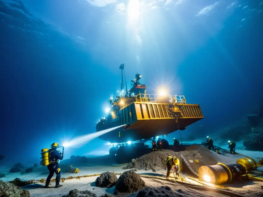 Extracción de minerales en el fondo marino: deslumbrante y ominoso Operación de extracción de recursos marinos en aguas profundas, con impactante atmósfera de luces y maquinaria submarina