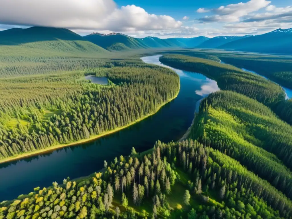 Recursos naturales de la Taiga: Vista aérea impresionante de la exuberante taiga, con bosques de coníferas, ríos y lagos