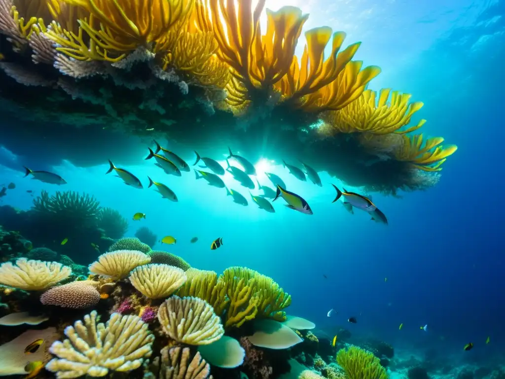 Recursos pesqueros sostenibles cambio climático: Escena submarina con peces coloridos y arrecifes de coral vibrantes bajo la luz del sol