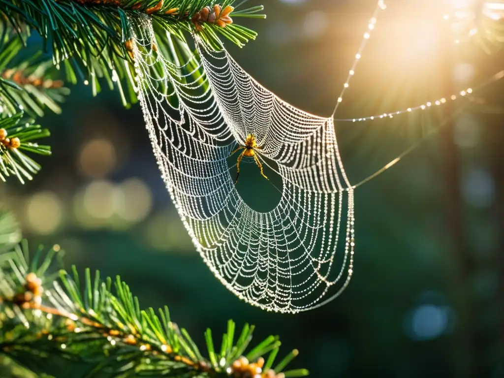 Una red de araña delicada entre ramas de pino en la Taiga, resaltando la importancia de los insectos en este ecosistema