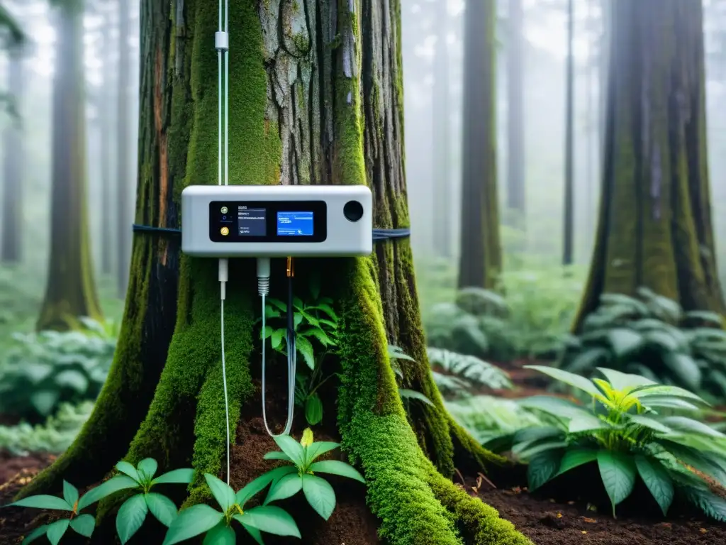 Red de dispositivos de monitoreo ambiental integrados en un exuberante ecosistema