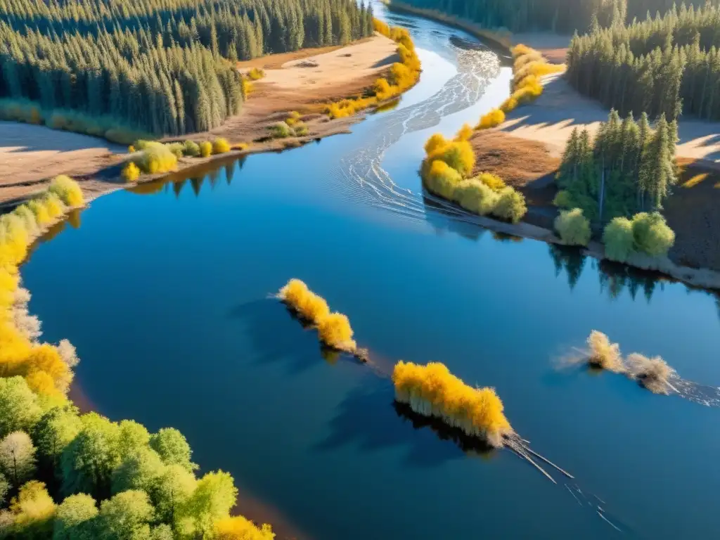 Una red intrincada de presas de castores en un río, con la luz del sol filtrándose entre los árboles