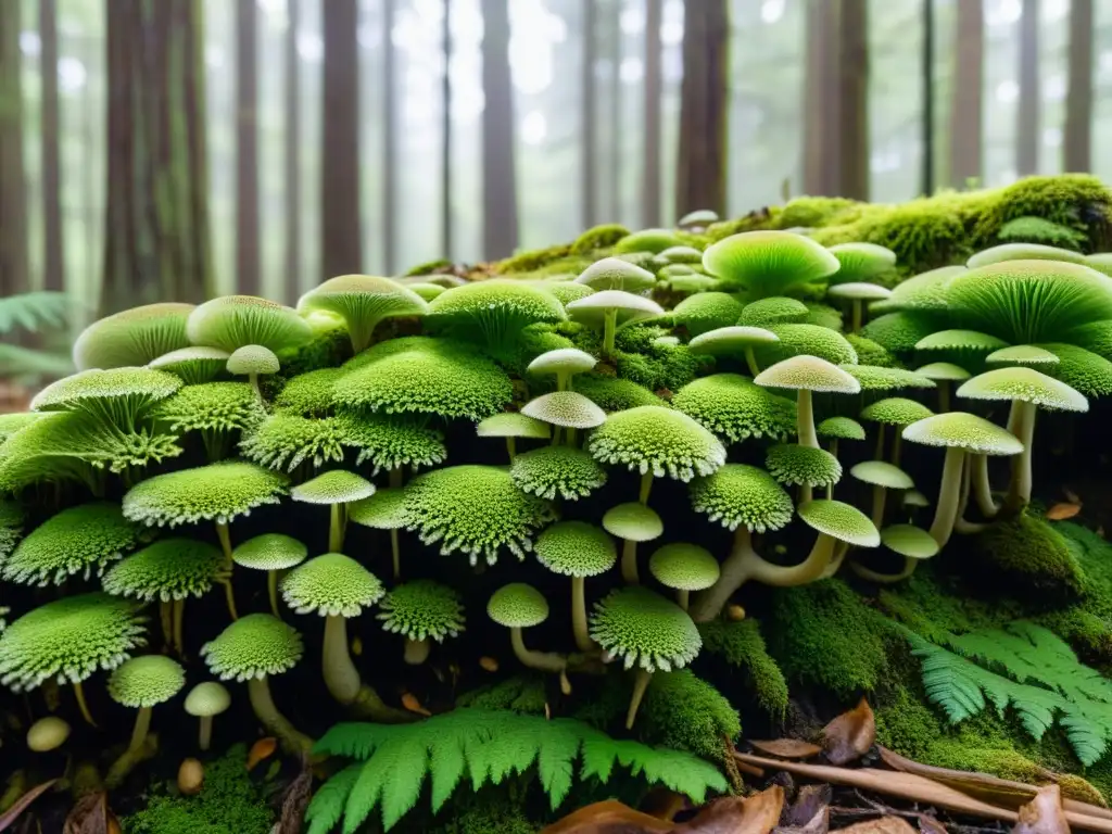 Red de micelio conectando árboles y plantas en el bosque, resaltando la importancia de los hongos en los ecosistemas forestales