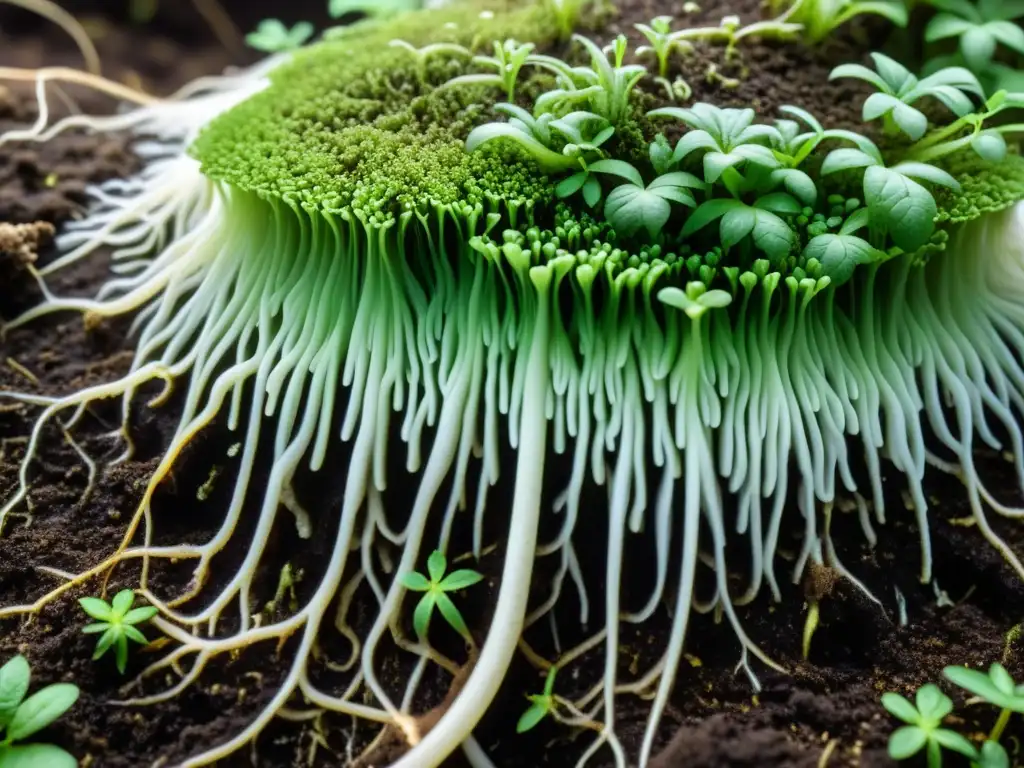 Red de micelio en suelo fértil, conectando con raíces de plantas