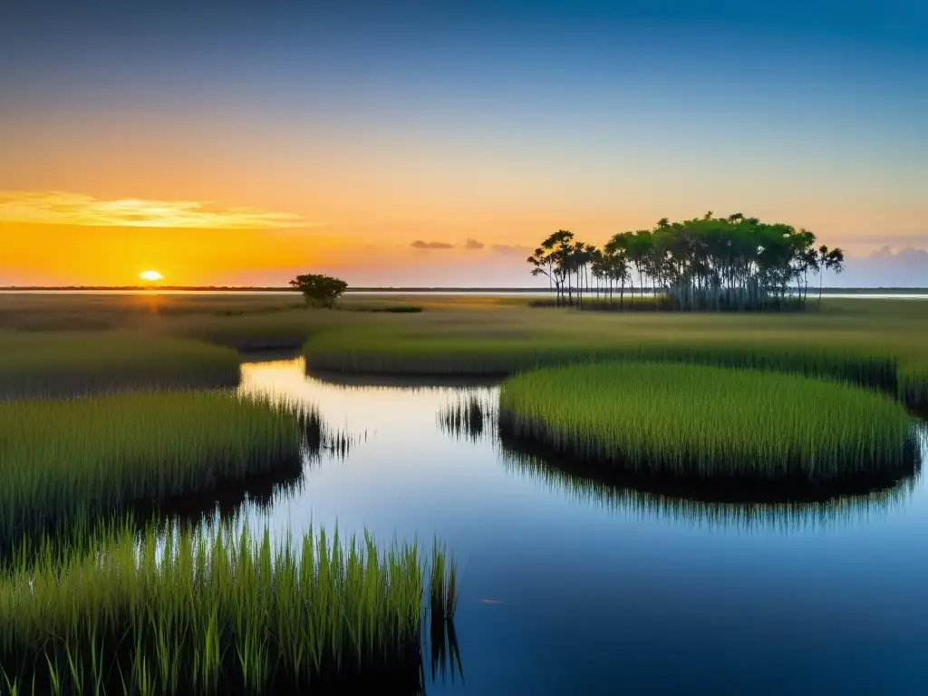 Red de pantanos de hierba de los Everglades al amanecer, reflejando la tranquilidad del ecosistema Everglades Florida Zonas Húmedas