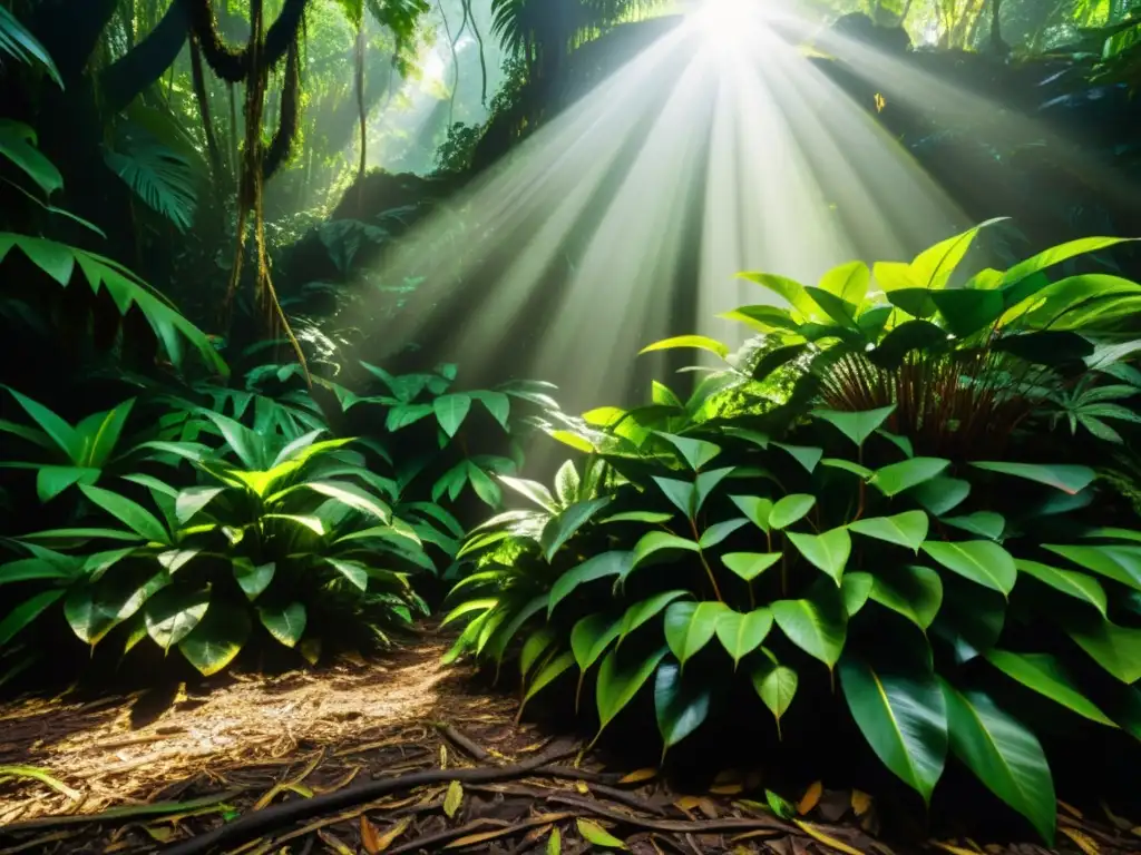 Red de raíces y hojas en la selva tropical, estrategias defensa especies flora selvática