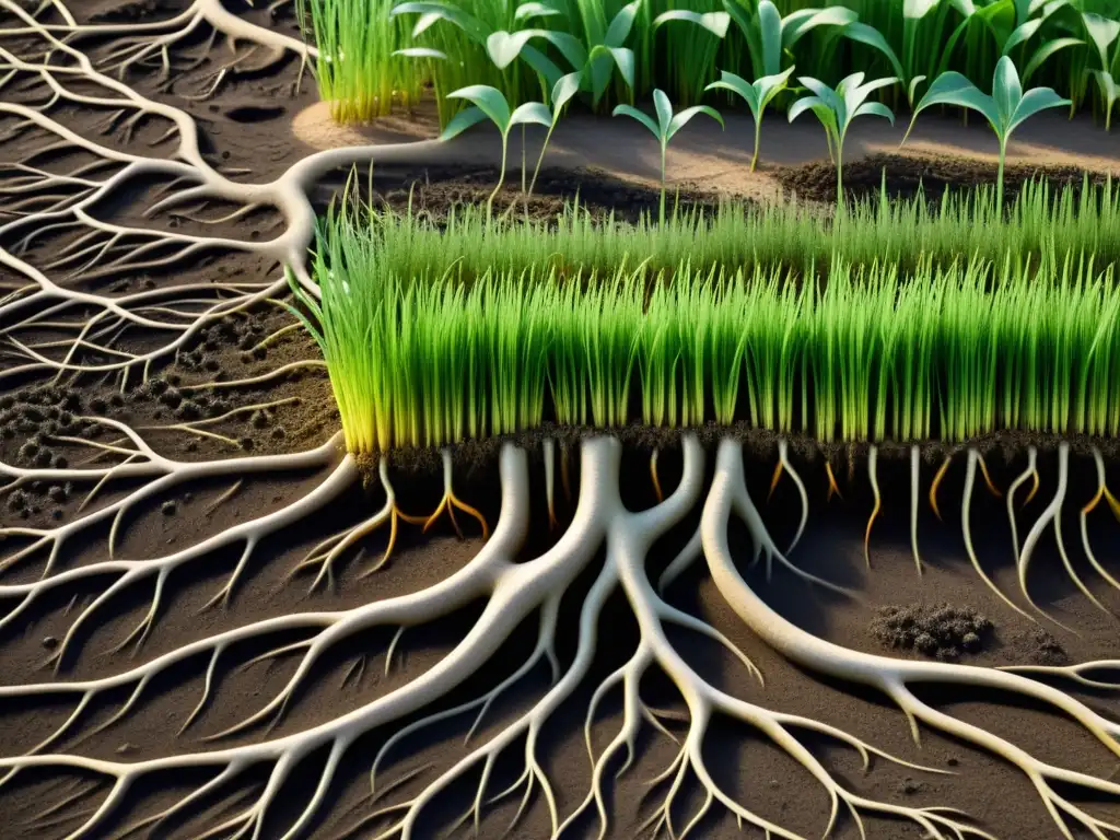 Redes de raíces intricadas y micorrizas en sabana, mostrando dinámicas de nutrientes en un ecosistema vibrante y vital