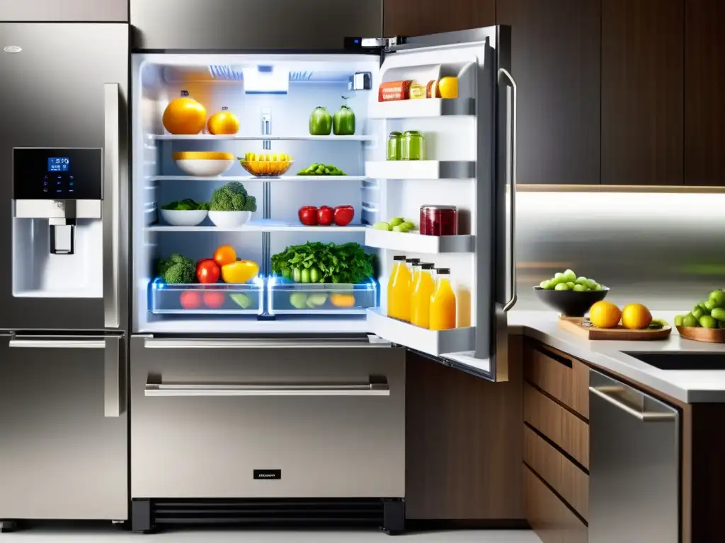 Un refrigerador moderno y eficiente energéticamente en una cocina ecológica con electrodomésticos bajo consumo energético