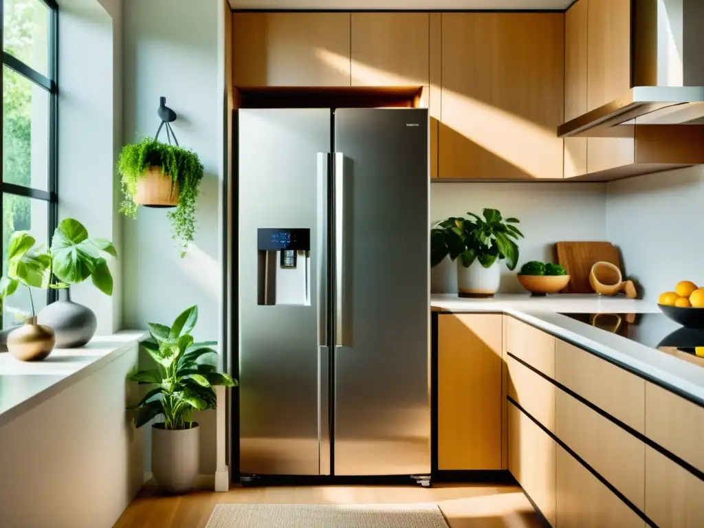 Un refrigerador moderno y eficiente en una cocina soleada, con plantas verdes y utensilios ecológicos