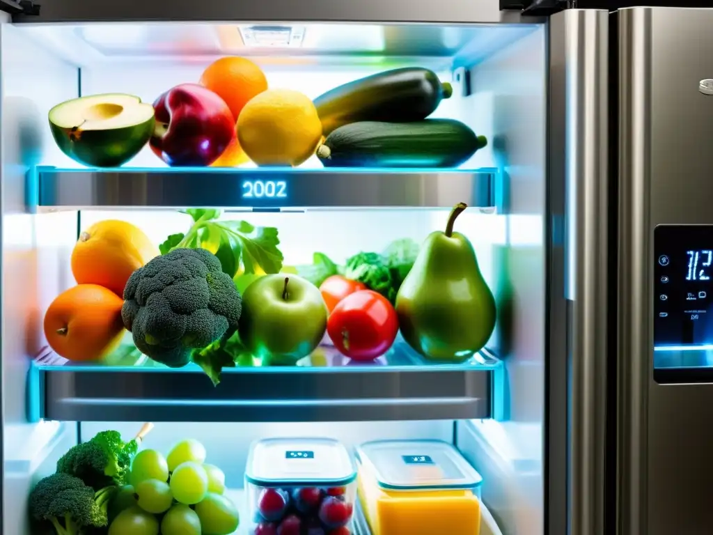 Un refrigerador moderno y elegante con puerta de vidrio transparente exhibiendo frutas, verduras y lácteos