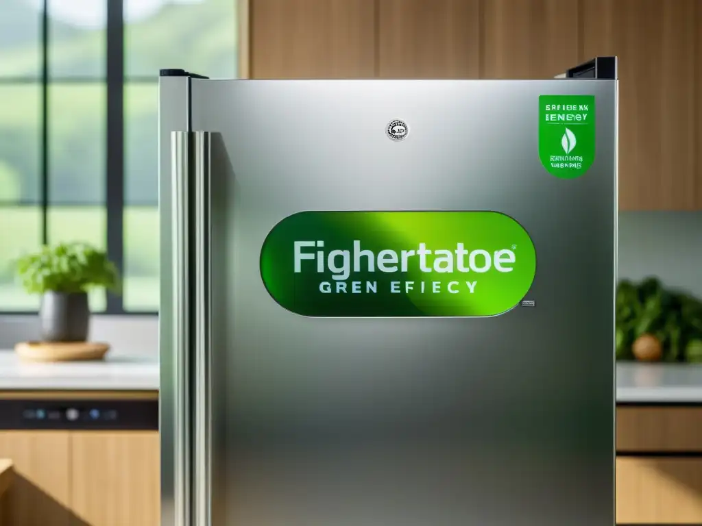 Refrigerador moderno con etiqueta verde de alta eficiencia energética, iluminado por luz natural en una cocina minimalista