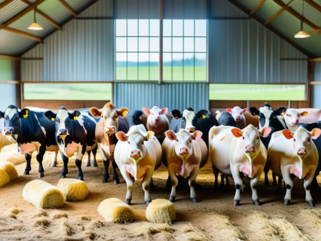 Un refugio amplio y bien iluminado alberga a vacas, cerdos y pollos