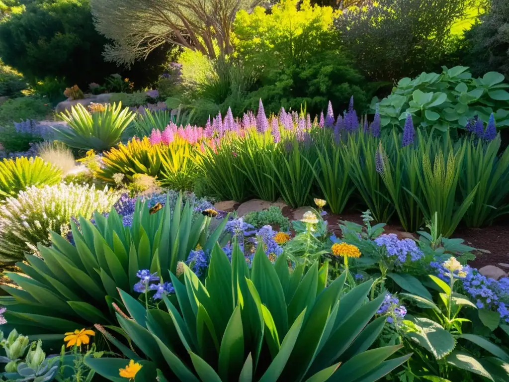 Jardín ecológico regional de plantas nativas: un paraíso de biodiversidad con flores silvestres, insectos y un lagarto al sol