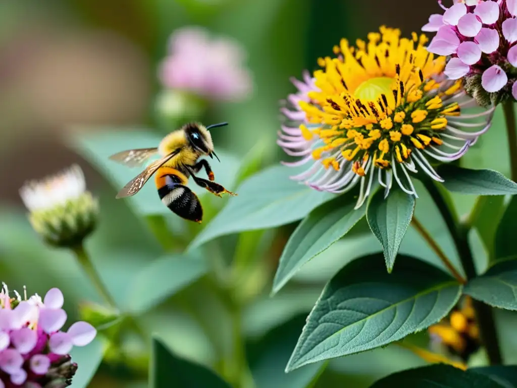 Un jardín ecológico regional con plantas nativas en plena floración, atrayendo abejas y mariposas